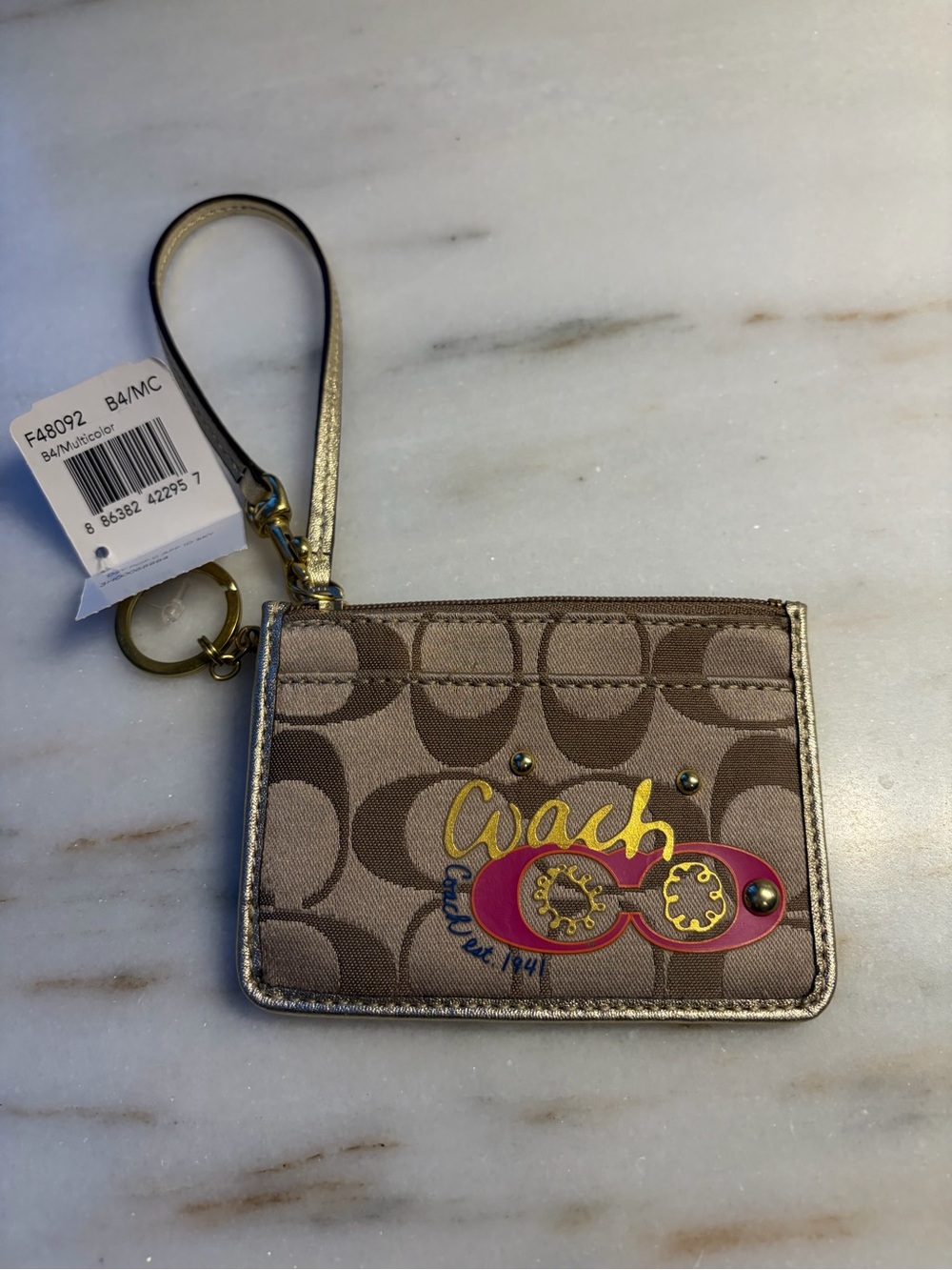 Coach Brown Signature Canvas Wristlet Card Case with Pink Accent